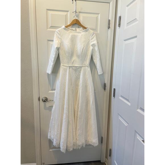 Wedding Dress1950s style Neck  Detachable Train Satin French Lace Sz10 #32 New - Picture 11 of 14
